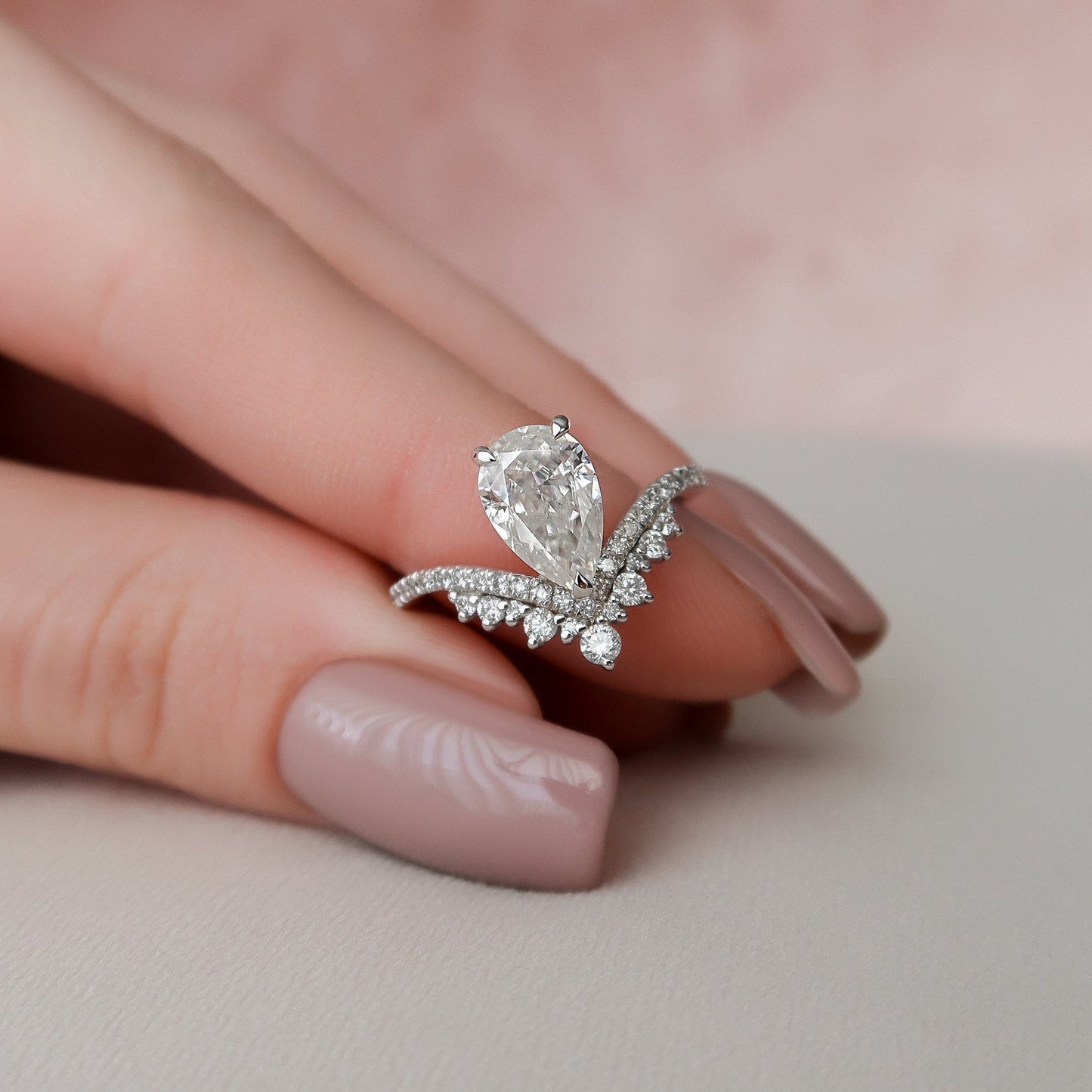 Rare Unique Pear Cut Moissanite Engagement Ring For Her