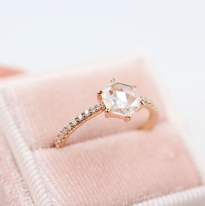 Hexagon Rose Cut Pave Moissanite Diamond Engagement Ring
