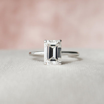 Hidden Halo Solitaire Emerald Cut Moissanite Anniversary Ring