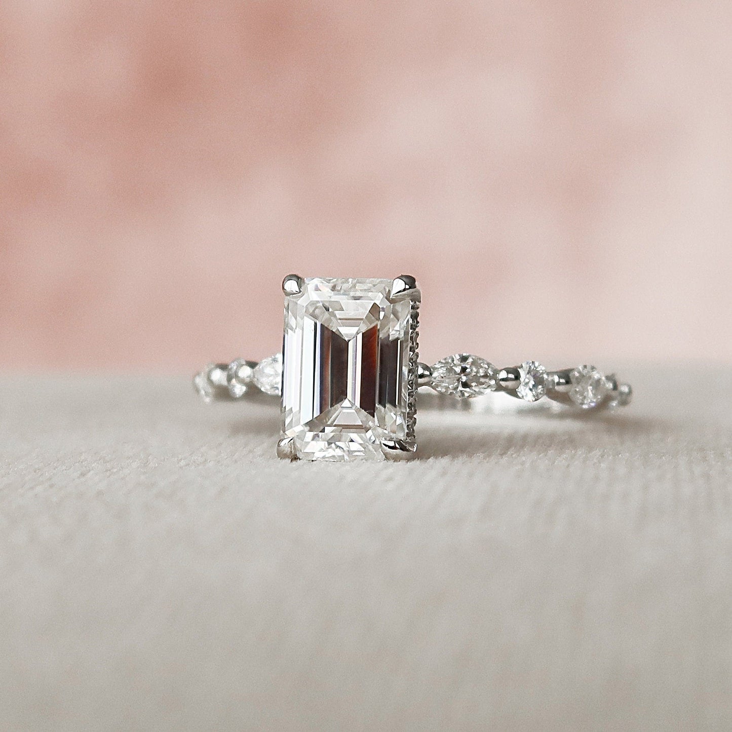 Hidden Halo Emerald Cut Moissanite Engagement Ring For Her