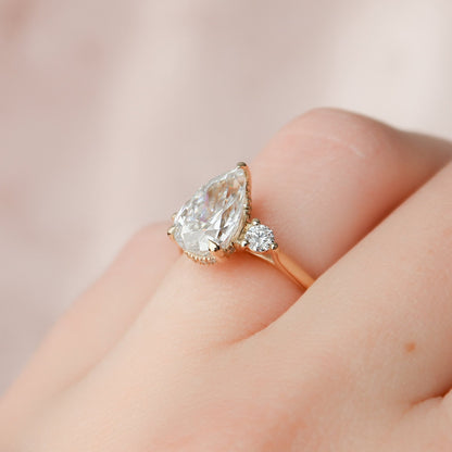 Three Stone Pear Cut Moissanite Anniversary Ring For Her