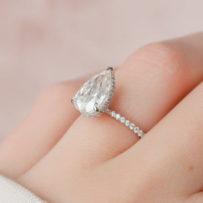 Hidden Halo Pear Cut Moissantie Engagement Ring