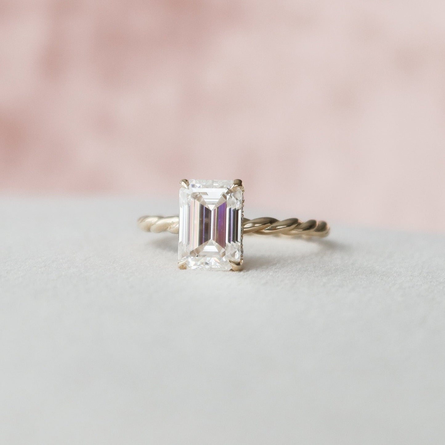 Solitaire Hidden Halo Emerald Cut Moissanite Braided Engagement Ring For Her