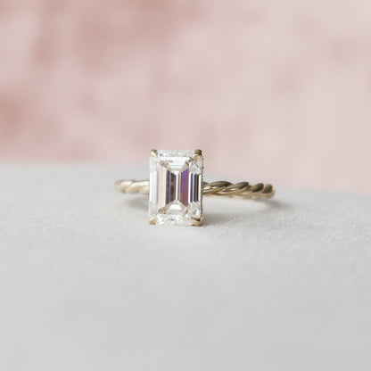 Solitaire Hidden Halo Emerald Cut Moissanite Braided Engagement Ring For Her