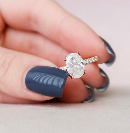 Double Prongs Oval Cut Moissanite Hidden Halo Bridal RIng