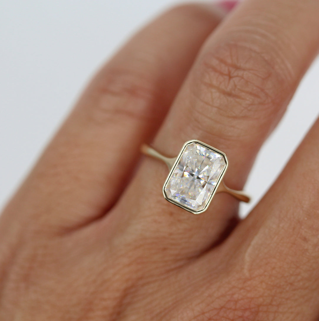 Unique Solitaire  Bezel Radiant Cut Moissanite Engagement Ring
