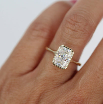 Unique Solitaire  Bezel Radiant Cut Moissanite Engagement Ring