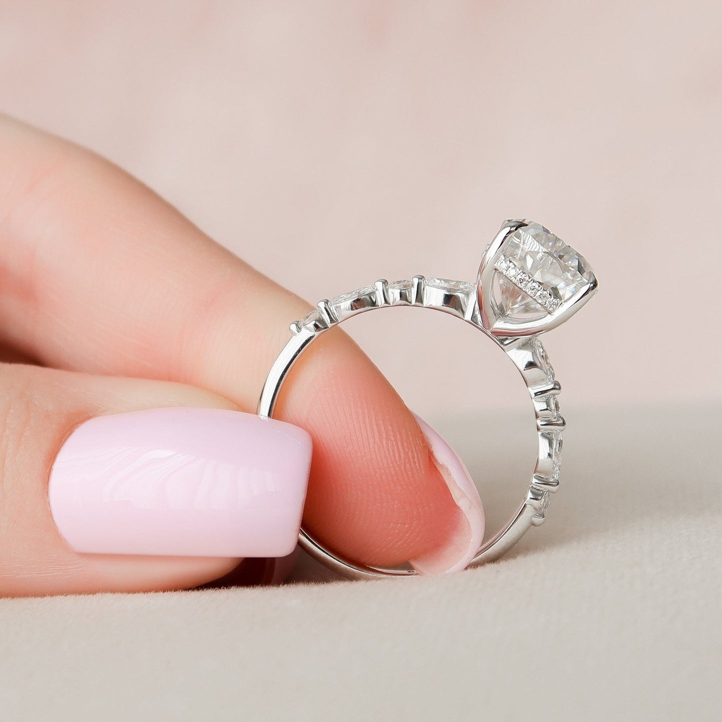 Hidden Halo Pear Cut Moissanite Engagement Ring For Her