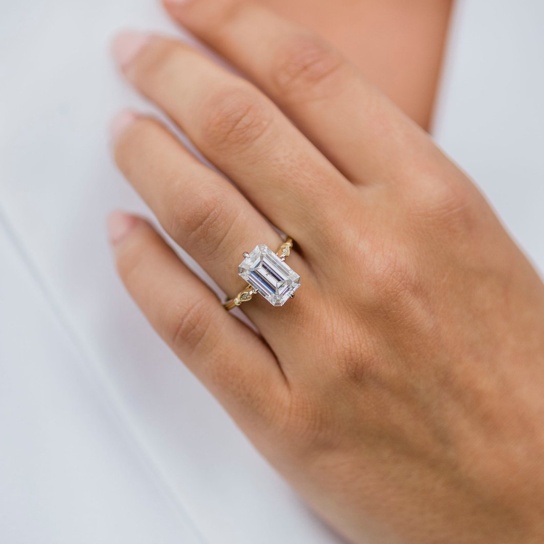 Long Solitaire Emerald Cut Moissanite Engagement Ring For Her