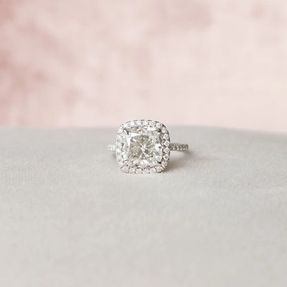 Unique Hidden Halo Cushion Cut Moissanite Statement Ring