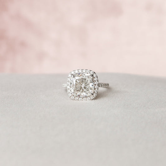 Unique Hidden Halo Cushion Cut Moissanite Statement Ring