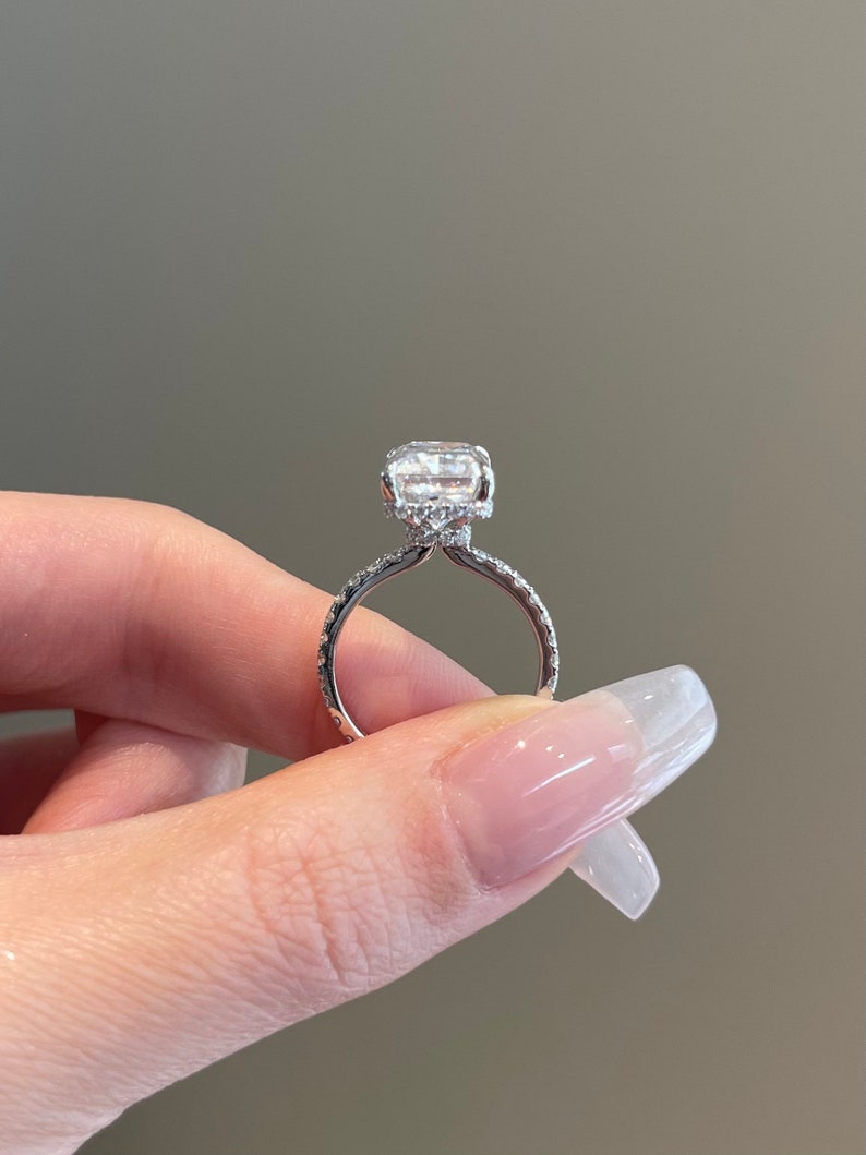 Unique Double Hidden Halo Radiant Cut Moissanite Engagement Ring