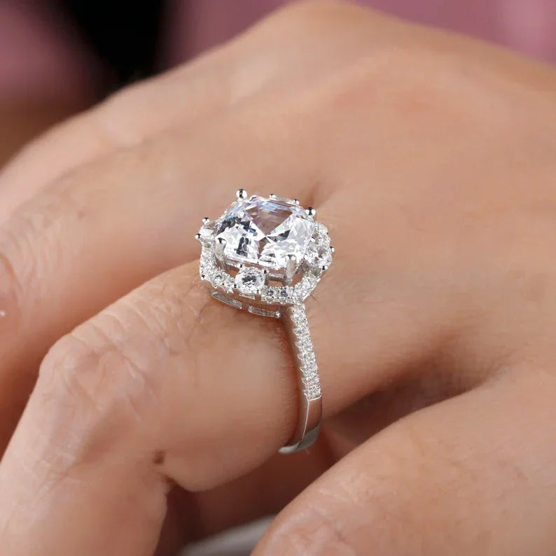 Unique Halo Asscher Cut Moissanite Anniversary Ring