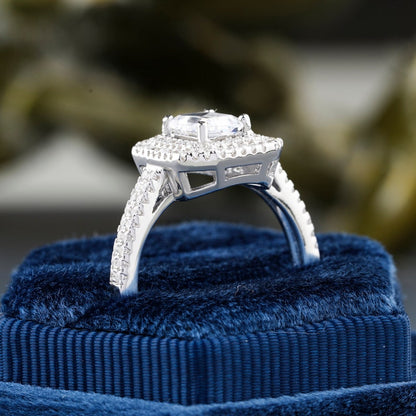 Double Halo Emerald Cut Moissanite Engagement Ring For Her