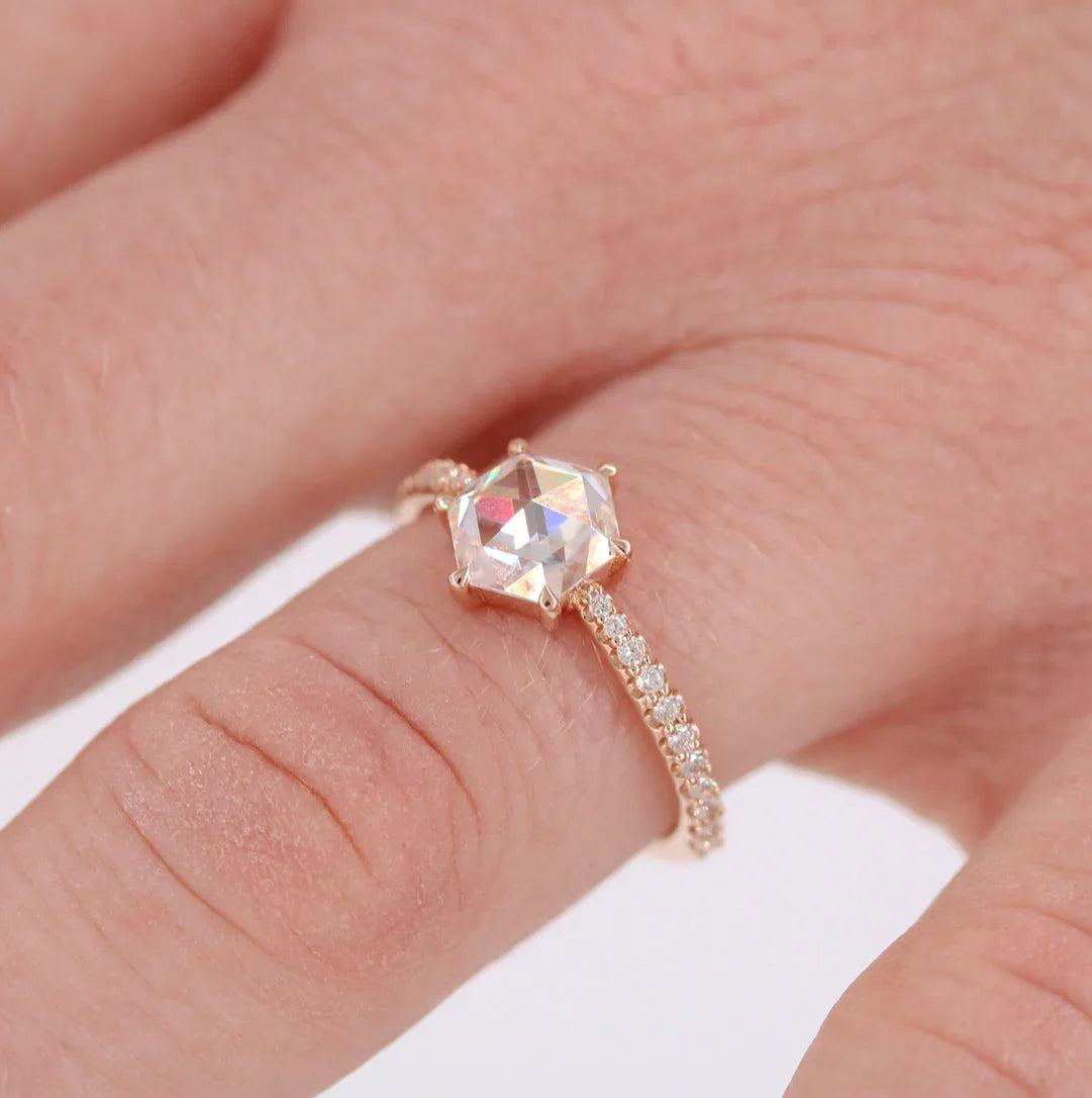 Hexagon Rose Cut Pave Moissanite Diamond Engagement Ring