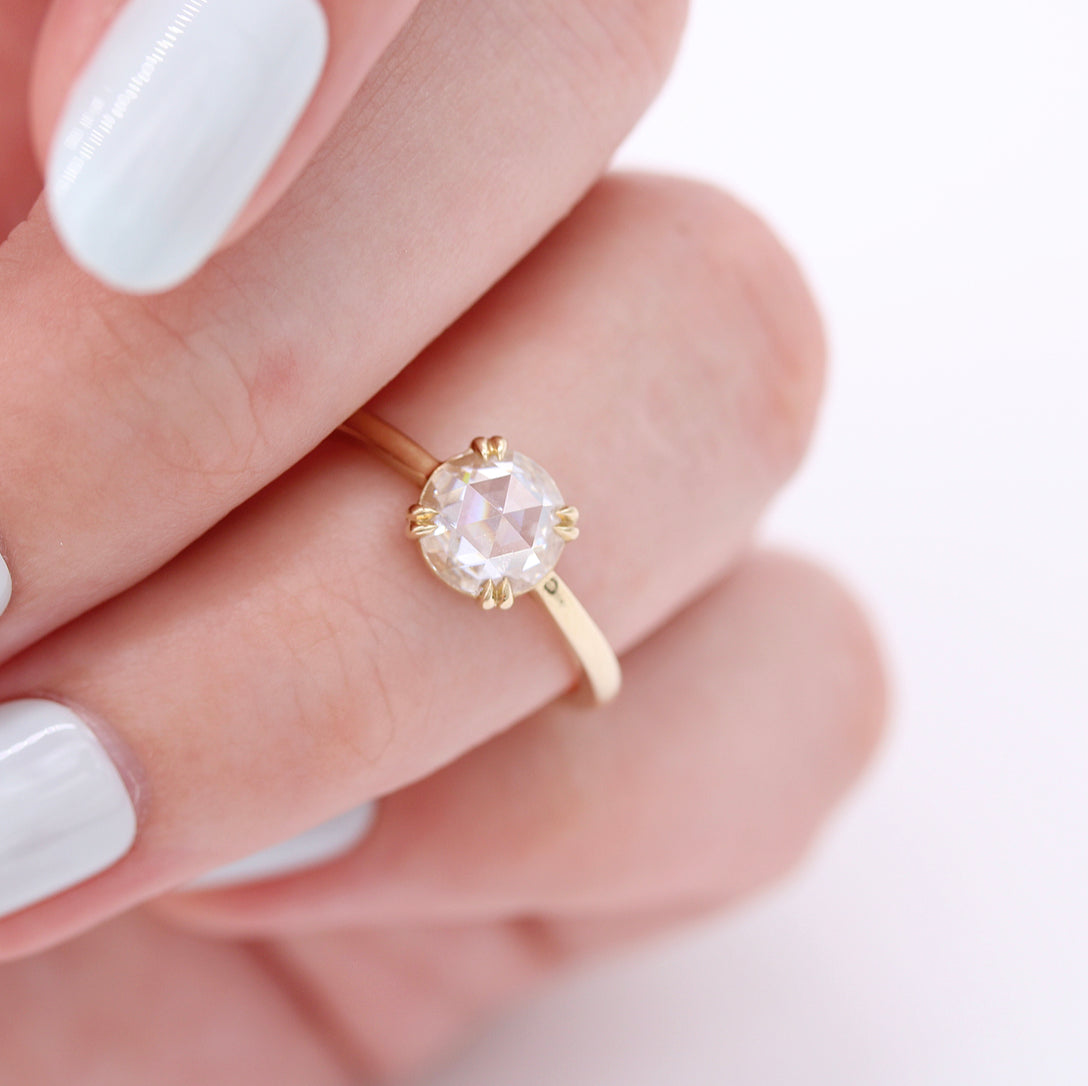 Double Prongs Rose Round Cut Moissanite Engagement Solitaire Ring