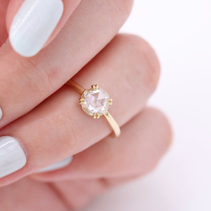 Double Prongs Rose Round Cut Moissanite Engagement Solitaire Ring