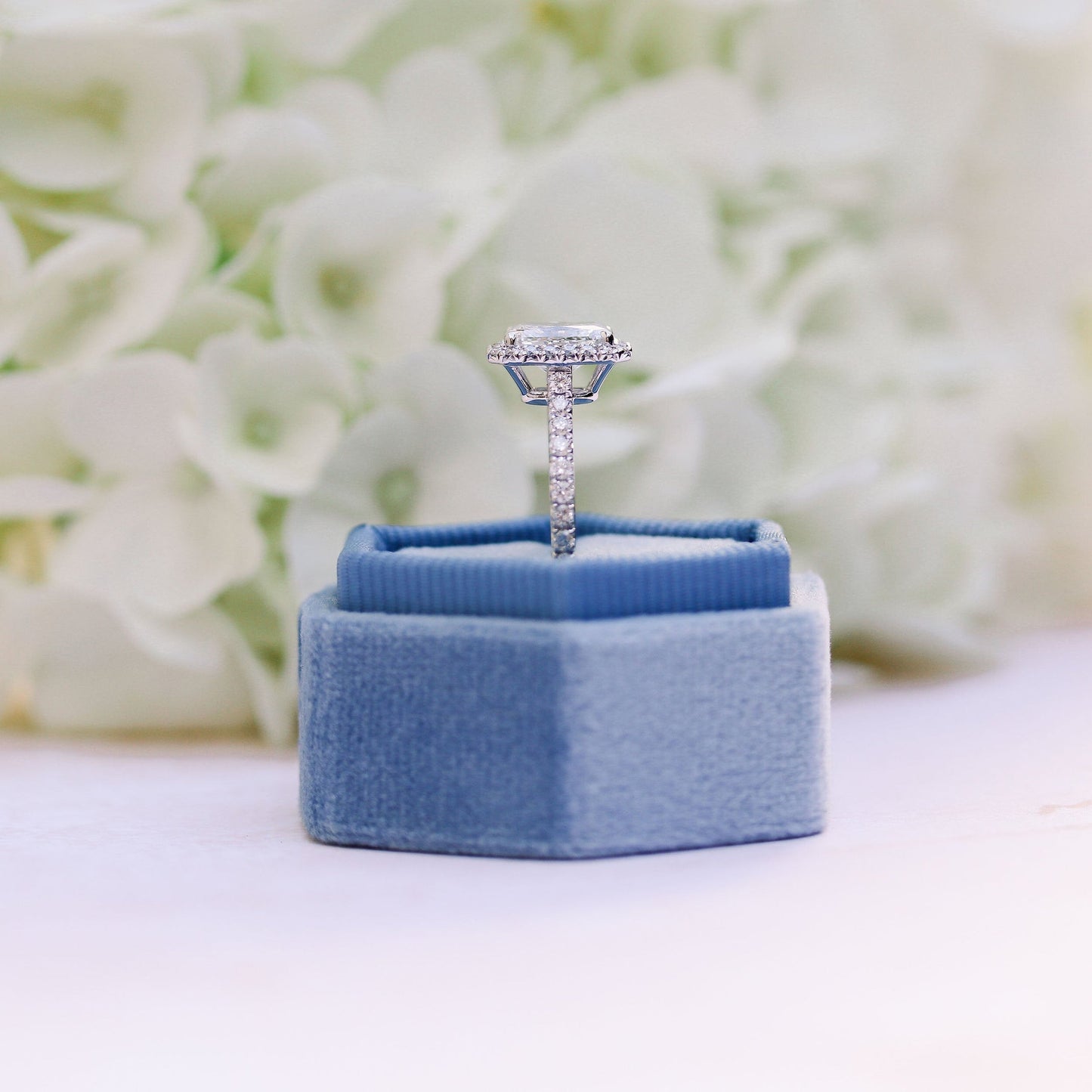 Halo Paved Emerald Cut Moissanite Anniversary RIng For Her