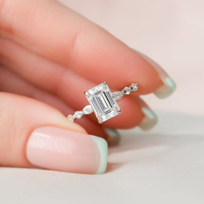Hidden Halo Emerald Cut Moissanite Engagement Ring For Her