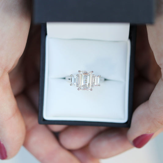 Three Stone Emerald Cut Moissanite Engagement Ring For Her