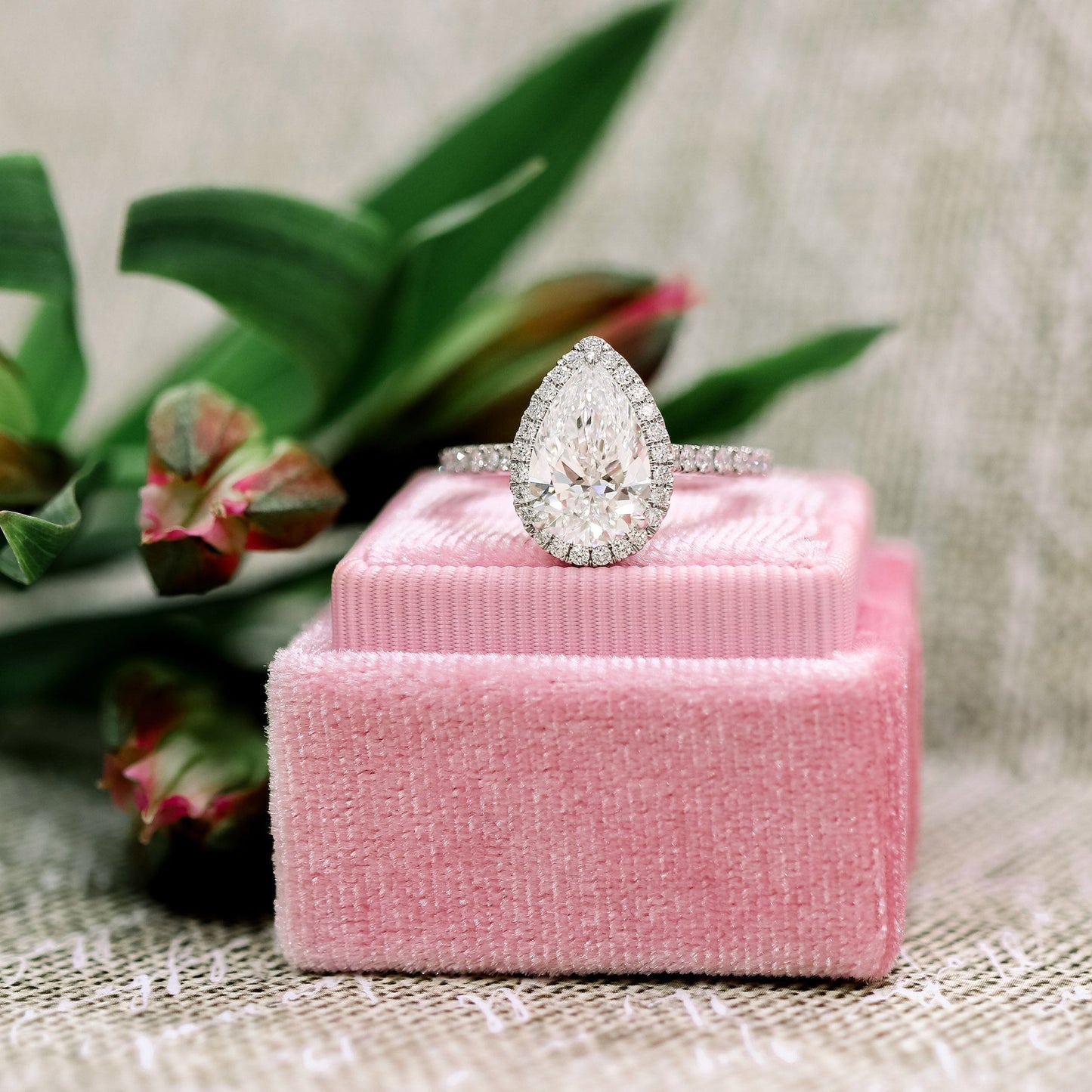 Halo Pave Pear Cut Moissanite Engagement Ring For Her