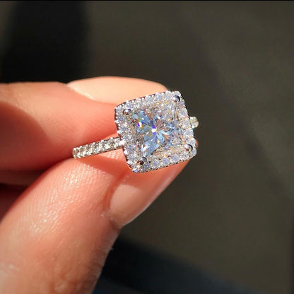 Colorless Halo Princess Cut Moissanite Engagement Ring