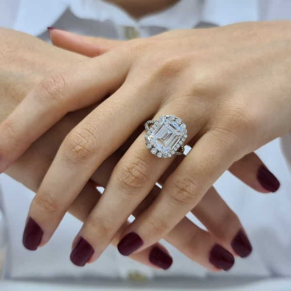 Halo Emerald Cut Moissanite Split Anniversary Ring For Her