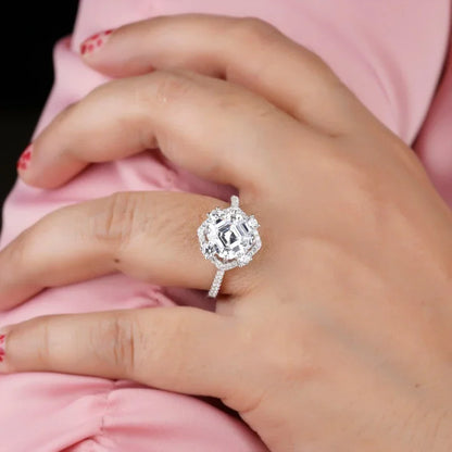 Unique Halo Asscher Cut Moissanite Anniversary Ring