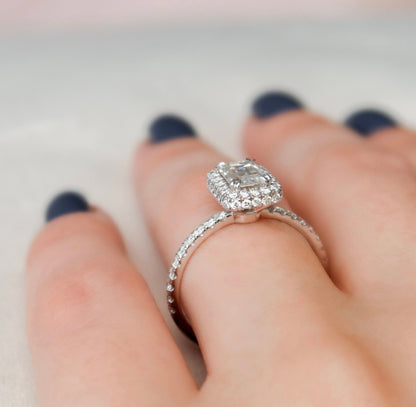 Unique Halo Emerald Cut Moissanite Engagement RIng For Her