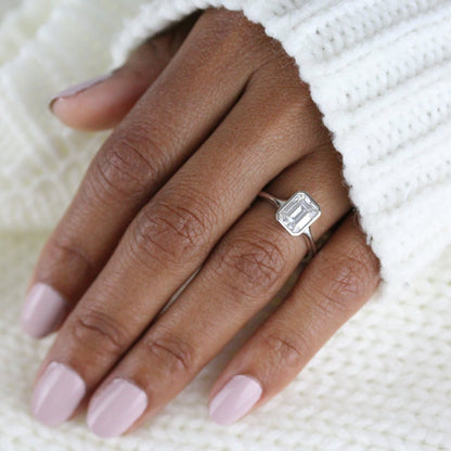 Solitaire Colorless Bezel Emerald Cut Moissanite Engagement Ring