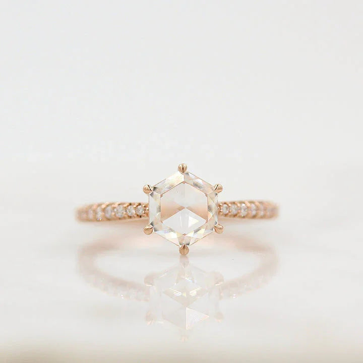 Hexagon Rose Cut Pave Moissanite Diamond Engagement Ring