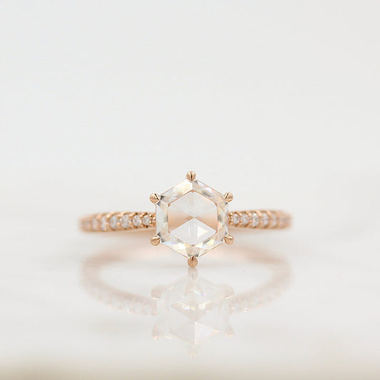 Hexagon Rose Cut Pave Moissanite Diamond Engagement Ring