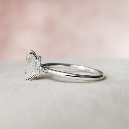 Hidden Halo Solitaire Emerald Cut Moissanite Anniversary Ring