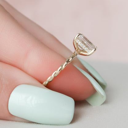 Solitaire Hidden Halo Emerald Cut Moissanite Braided Engagement Ring For Her
