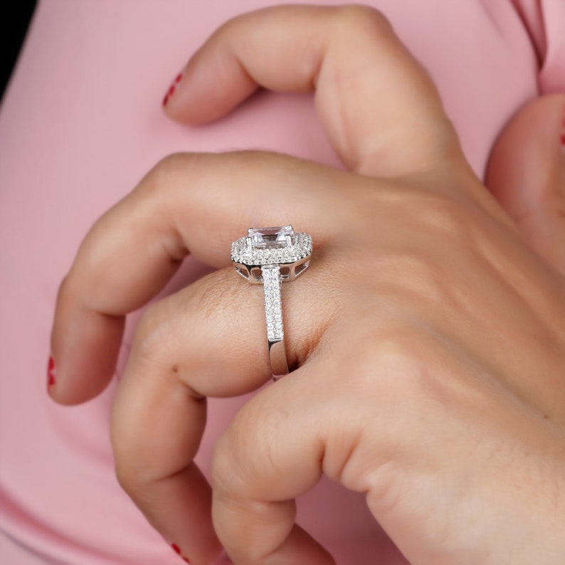 Double Halo Emerald Cut Moissanite Engagement Ring For Her