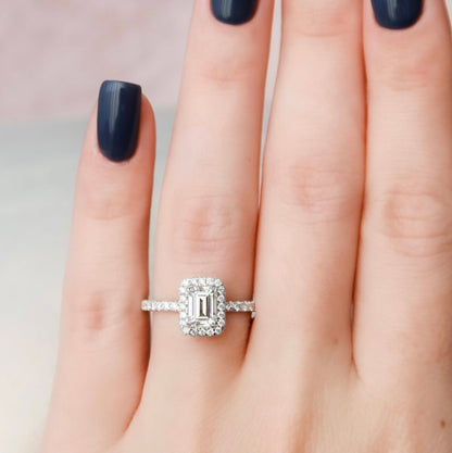 Unique Halo Emerald Cut Moissanite Engagement RIng For Her