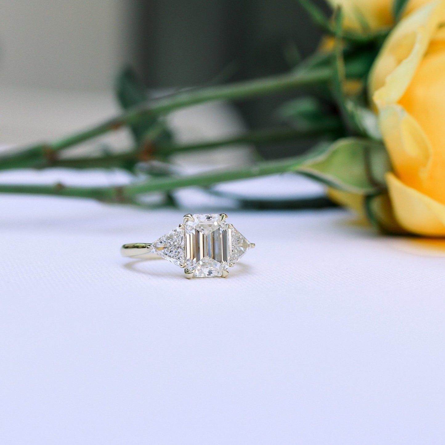 Three Stone Emerald Cut Moissanite Engagement Ring For Her