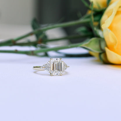 Three Stone Emerald Cut Moissanite Engagement Ring For Her