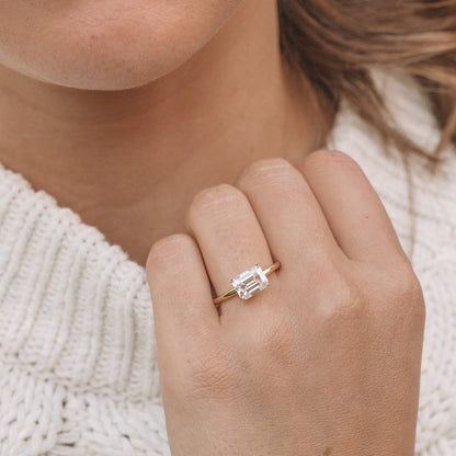 Solitaire East-West Emerald Cut Moissanite Engagement Ring For Her