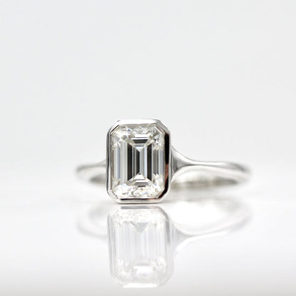 Solitaire Colorless Bezel Emerald Cut Moissanite Engagement Ring