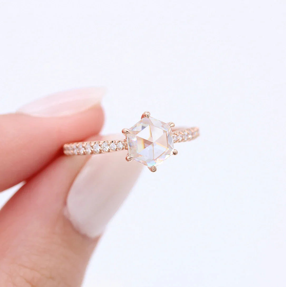 Hexagon Rose Cut Pave Moissanite Diamond Engagement Ring