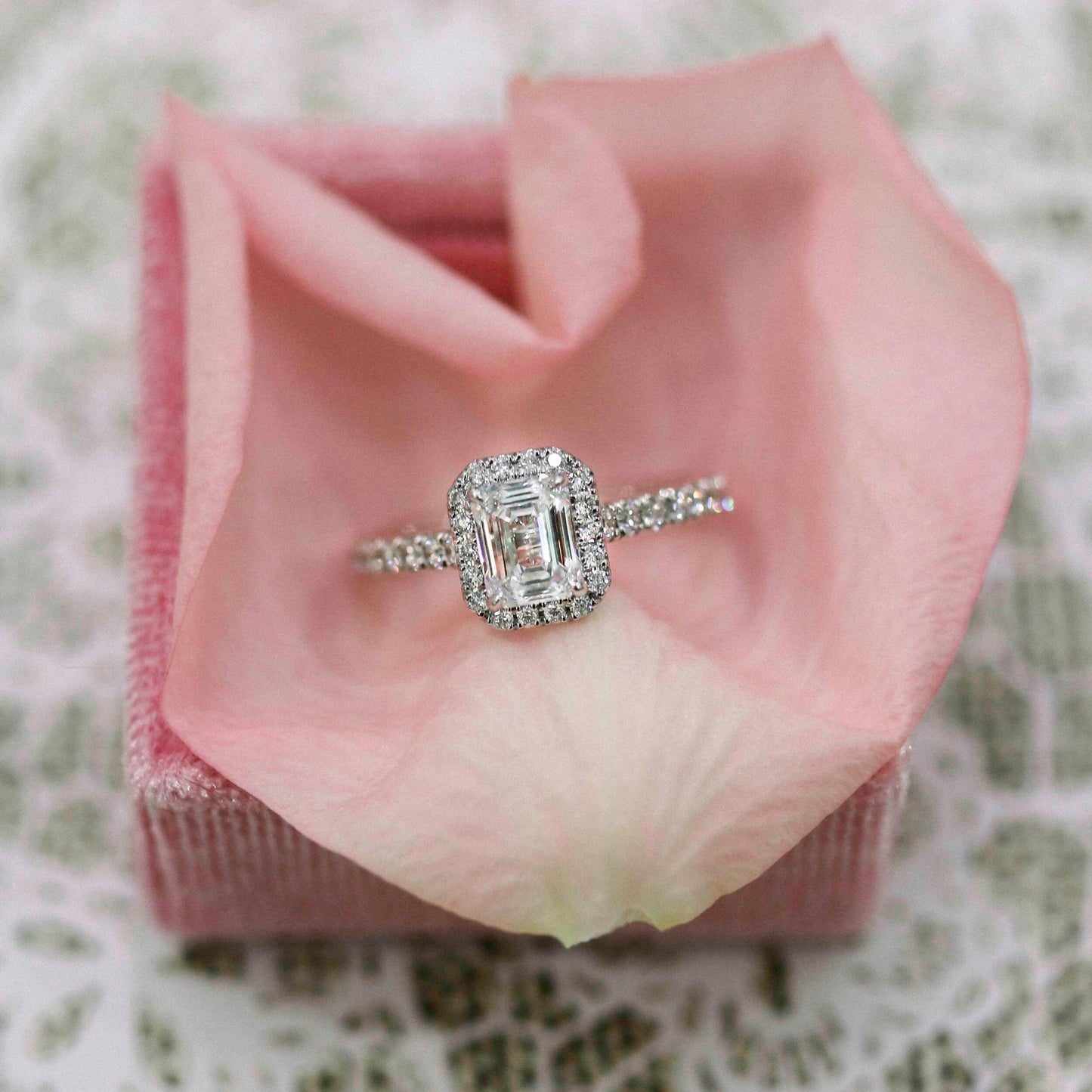 Halo Paved Emerald Cut Moissanite Anniversary RIng For Her