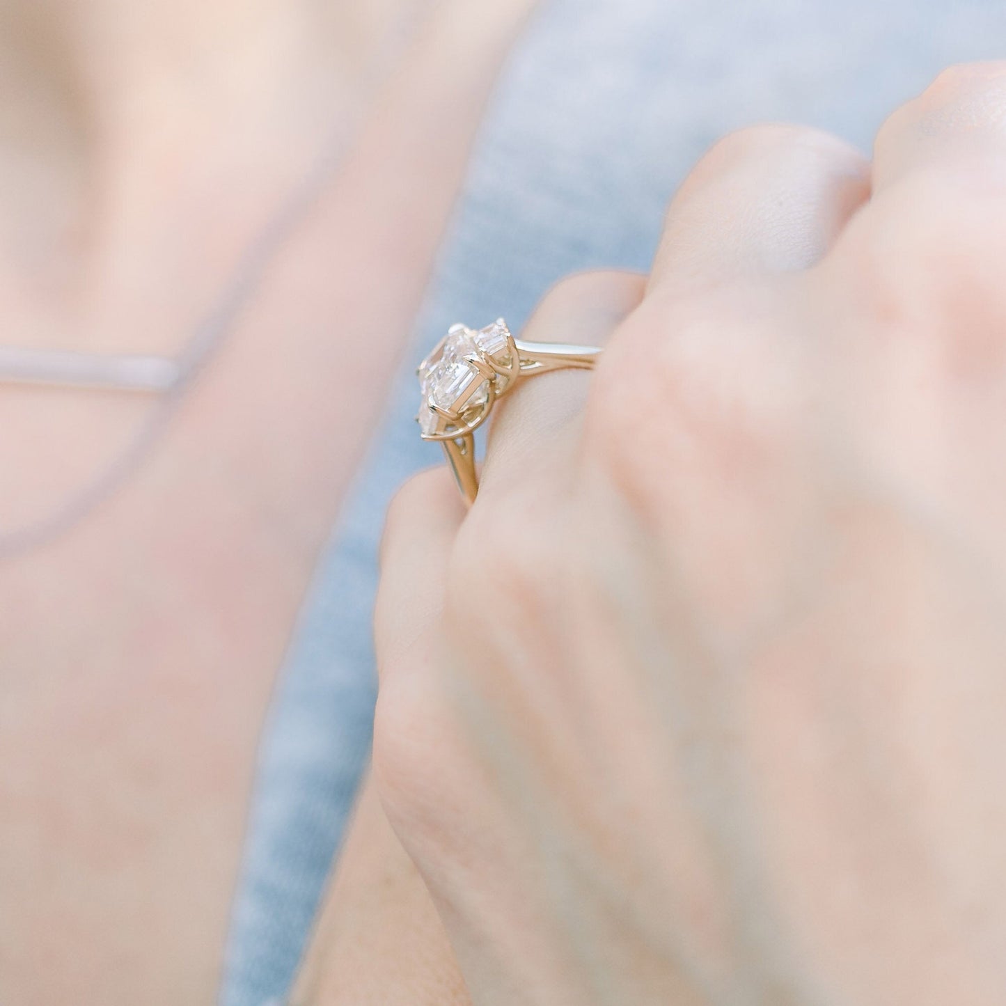 Three Stone Emerald Cut Moissanite Engagement Ring For Her