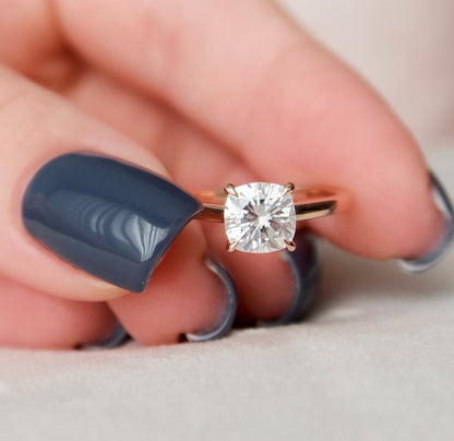 Solitaire Cushion Cut Hidden Halo Moissanite Wedding Ring