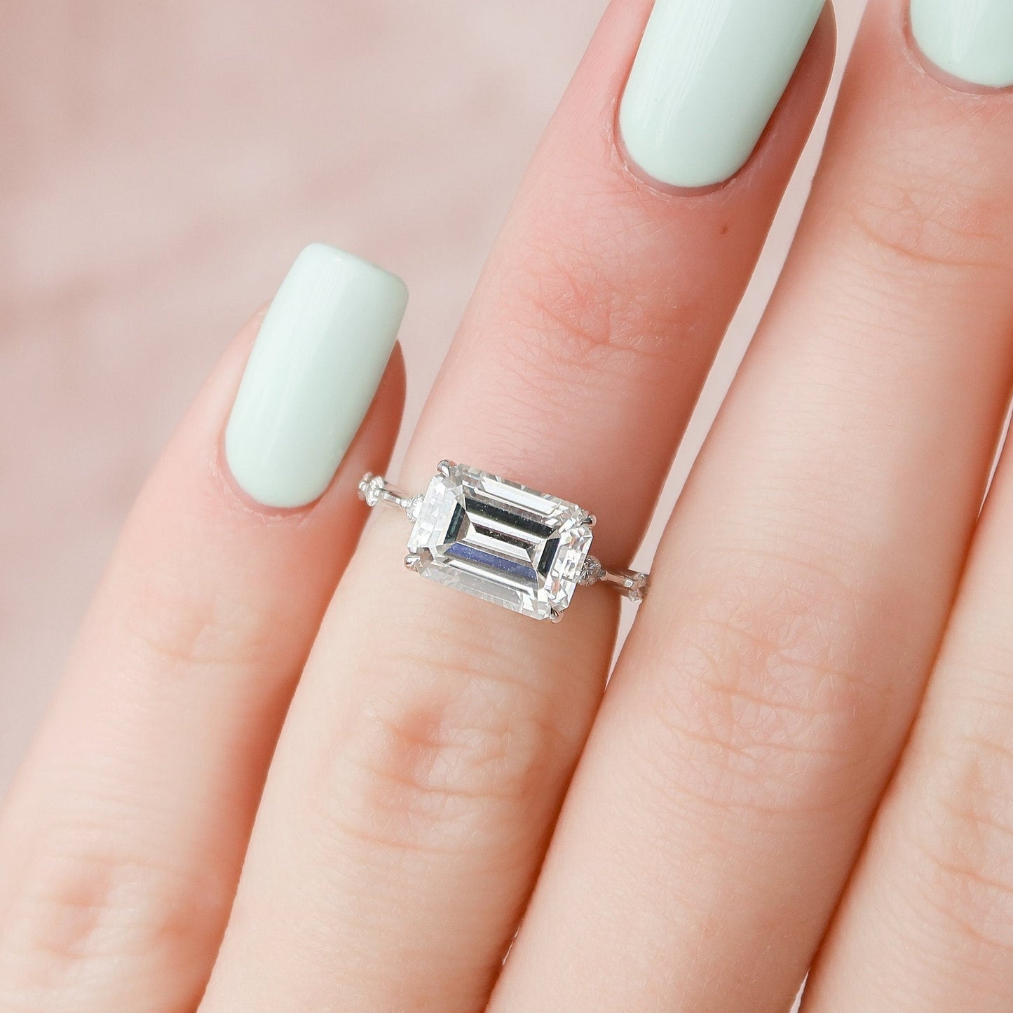East-West Emerald Cut Moissanite Anniversary Ring For Her