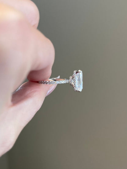 Unique Double Hidden Halo Radiant Cut Moissanite Engagement Ring