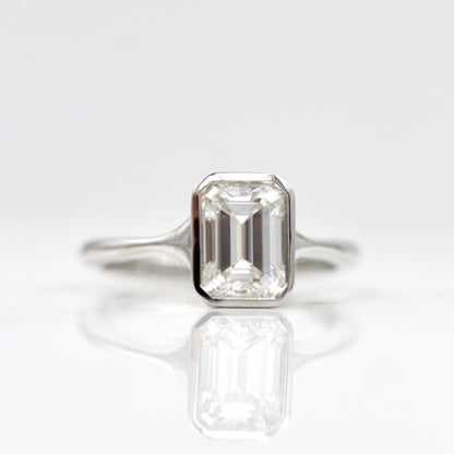 Solitaire Colorless Bezel Emerald Cut Moissanite Engagement Ring