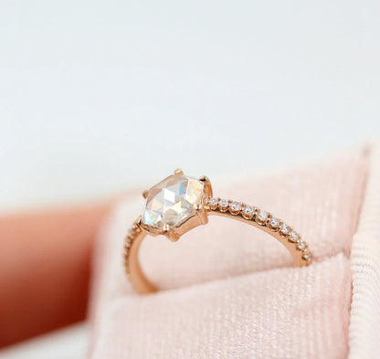 Hexagon Rose Cut Pave Moissanite Diamond Engagement Ring