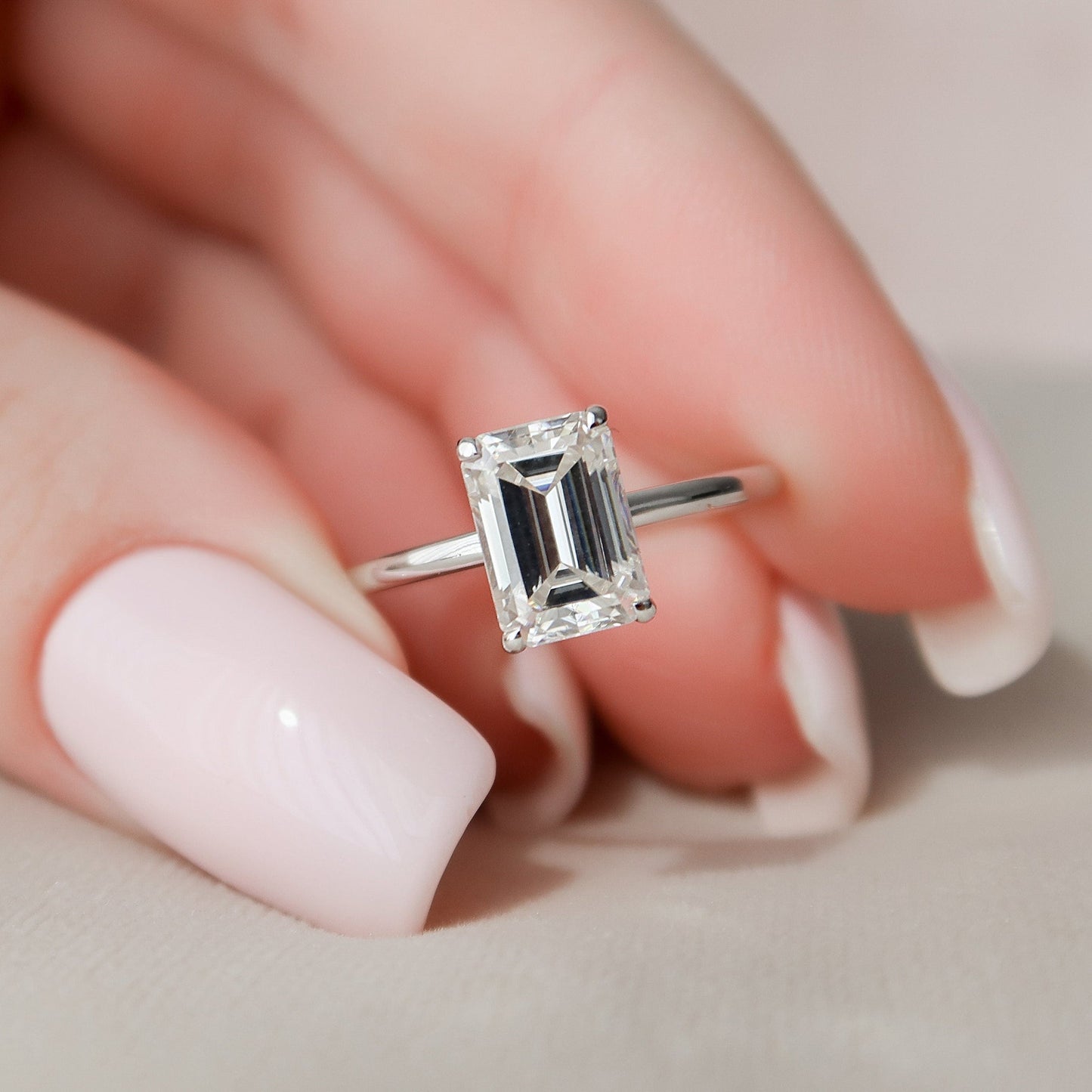 Hidden Halo Solitaire Emerald Cut Moissanite Anniversary Ring