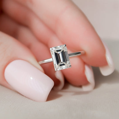 Hidden Halo Solitaire Emerald Cut Moissanite Anniversary Ring